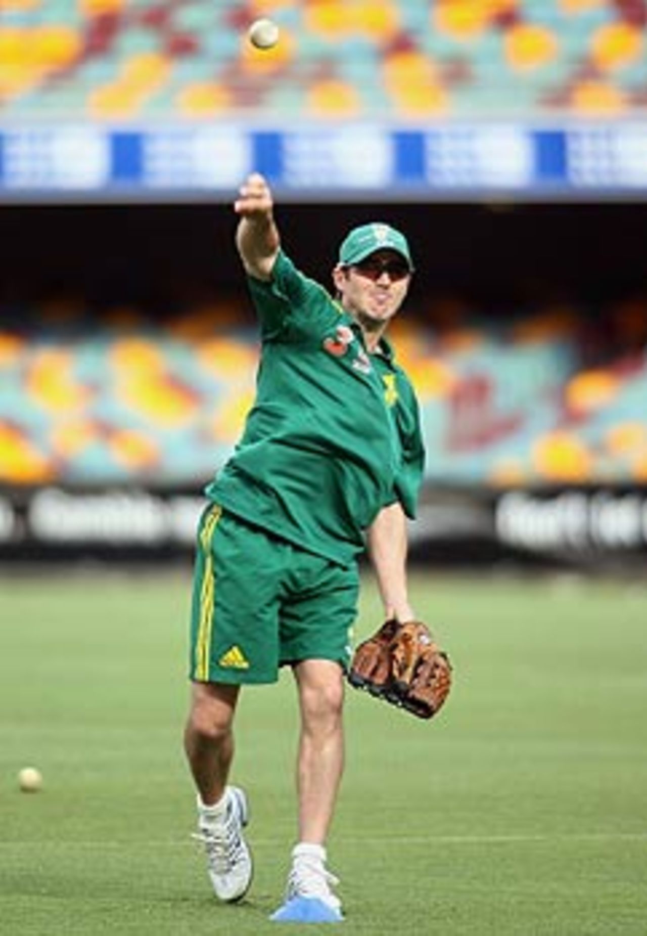 Damien Martyn works on his fielding during a training session at the Gabba ahead of the international Twenty20 match against South Africa, Brisbane, January 8, 2006