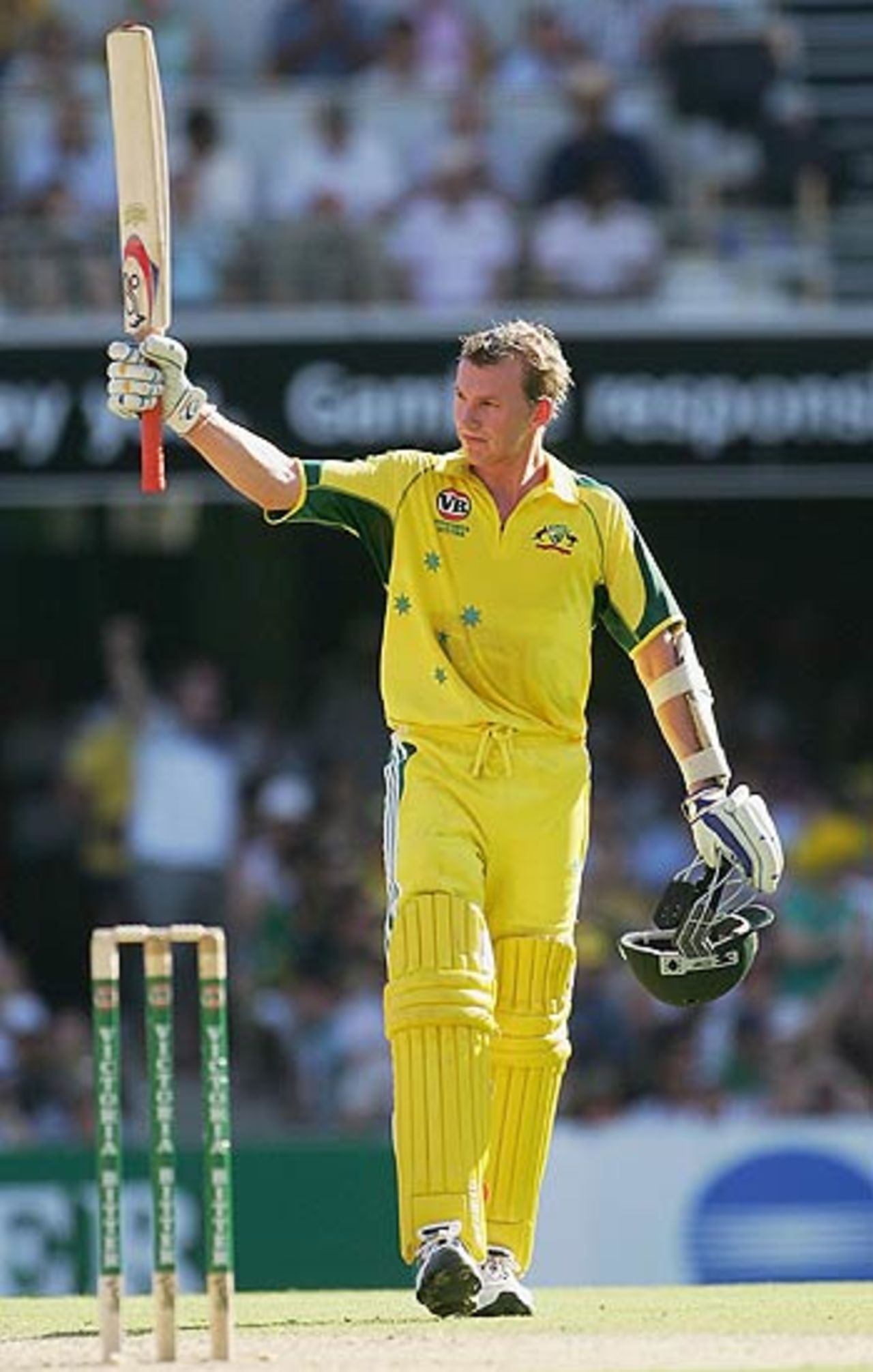 Brett Lee celebrates his fifty, Australia v South Africa, VB Series, Brisbane, January 15, 2006