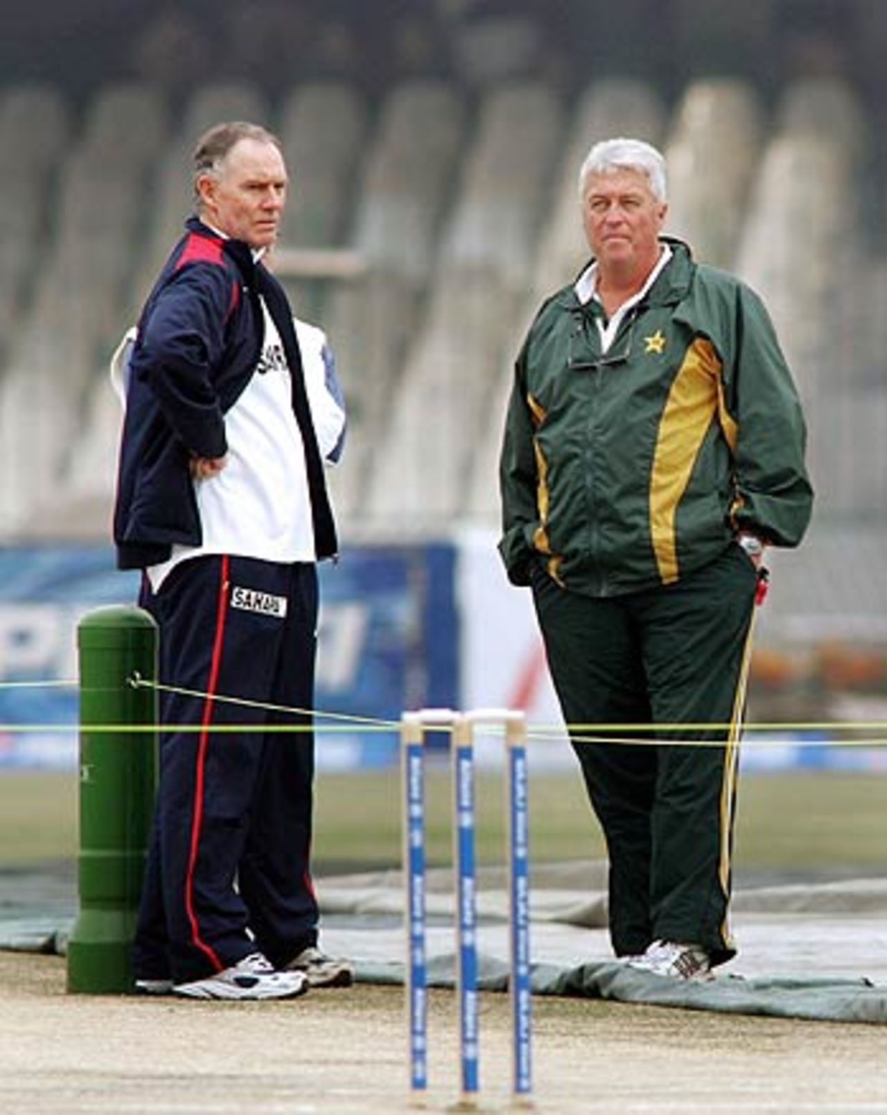 Greg Chappell and Bob Woolmer inspect the wicket, India in Pakistan, 1st Test, Lahore, January 16, 2006