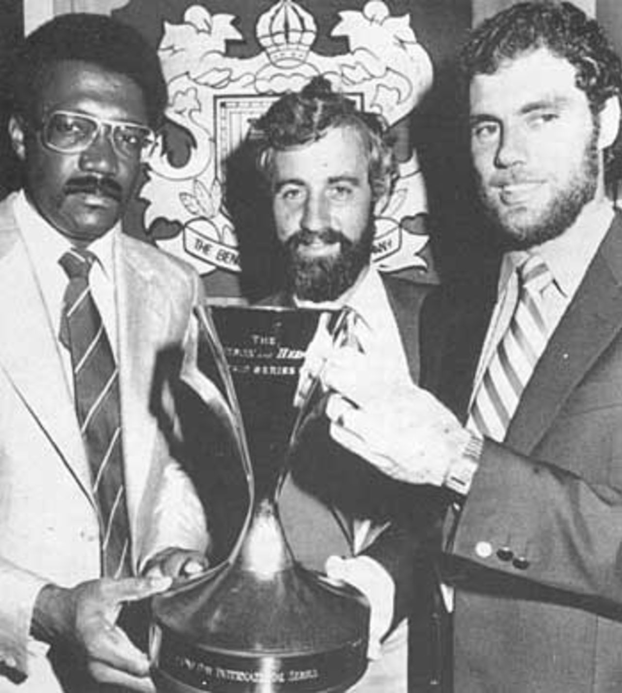 Captains Clive Lloyd, Mike Brearley and Greg Chappell admire the trophy, Benson & Hedges World Series Cup, 1979-80, Australia