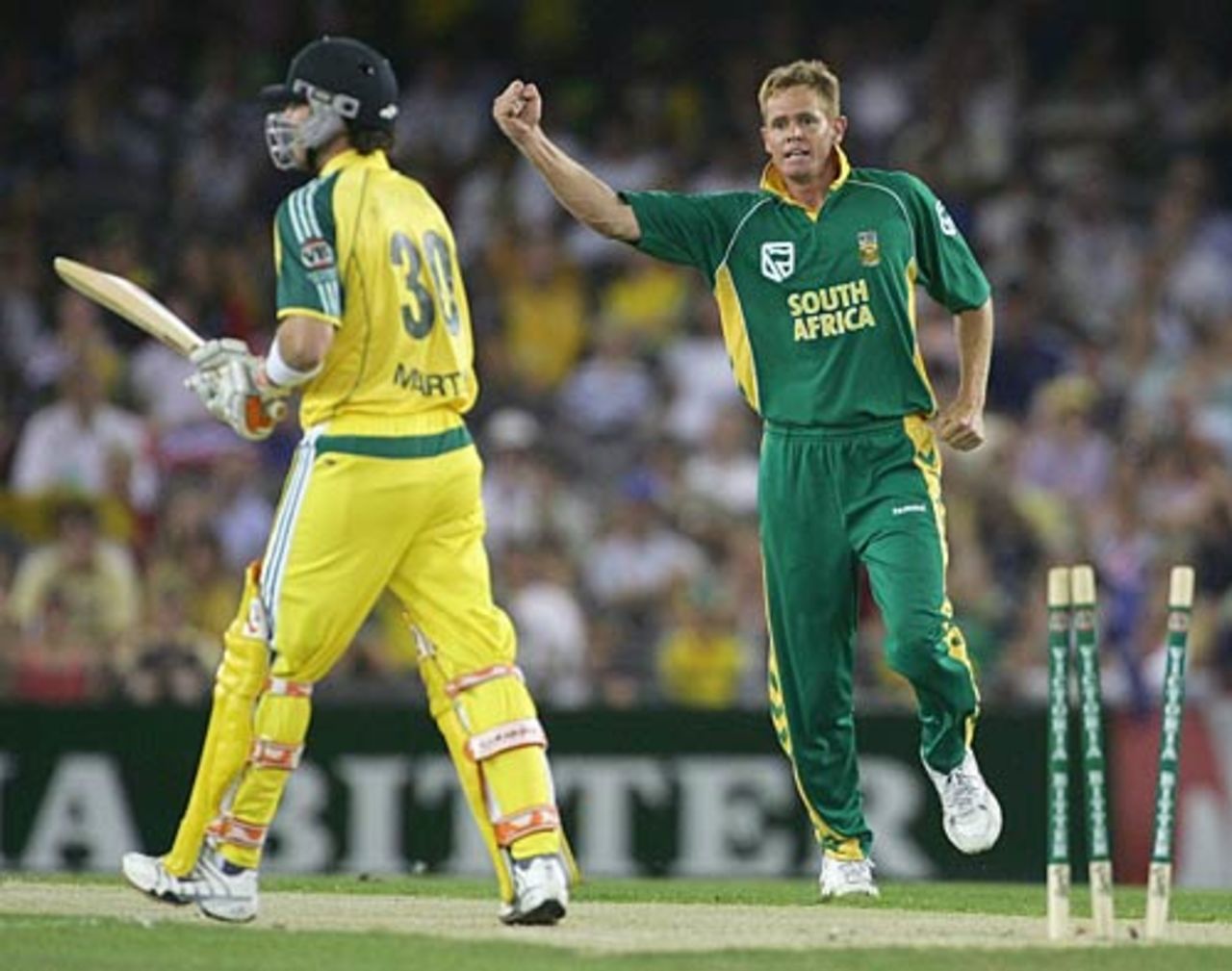 Shaun Pollock celebrates the wicket of Damien Martyn, Australia v South Africa, VB Series, Telstra Dome, Melbourne, January 20, 2006
