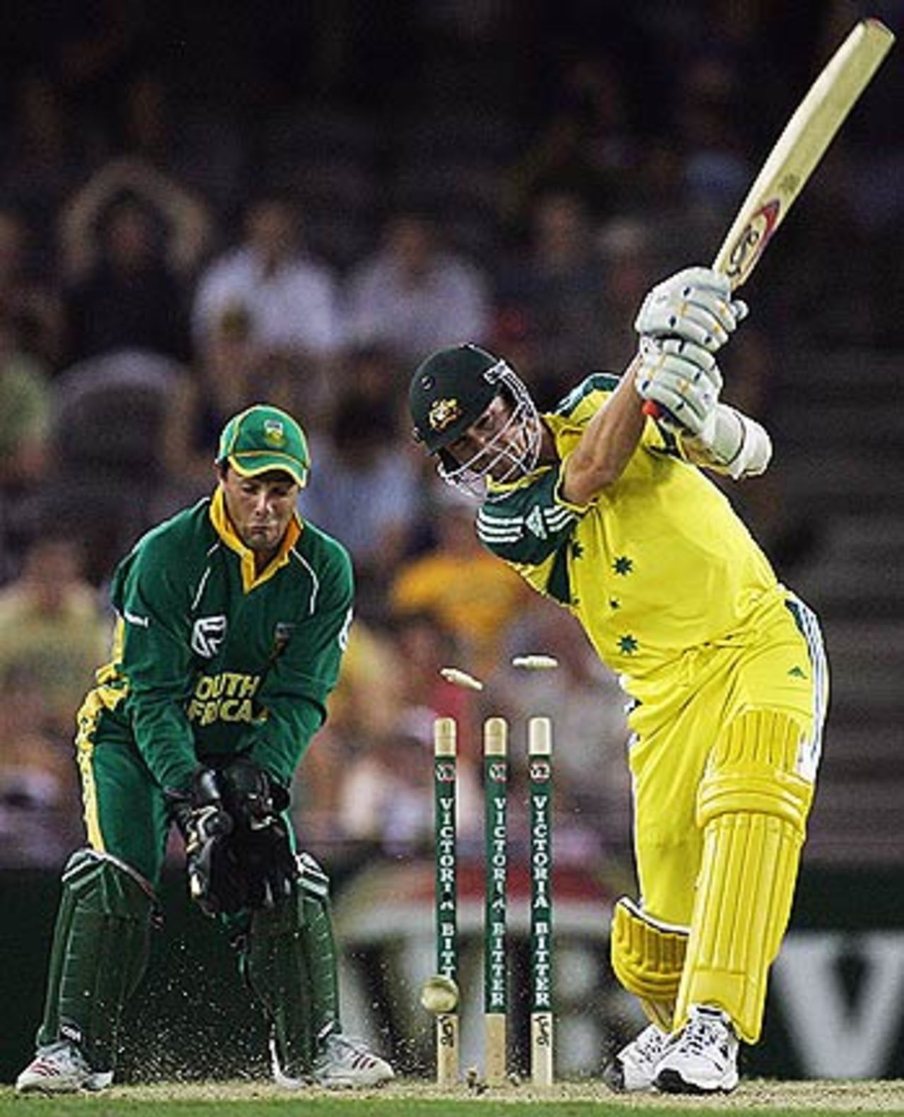 Brett Lee is bowled by Graeme Smith, Australia v South Africa, VB Series, Telstra Dome, Melbourne, January 20, 2006