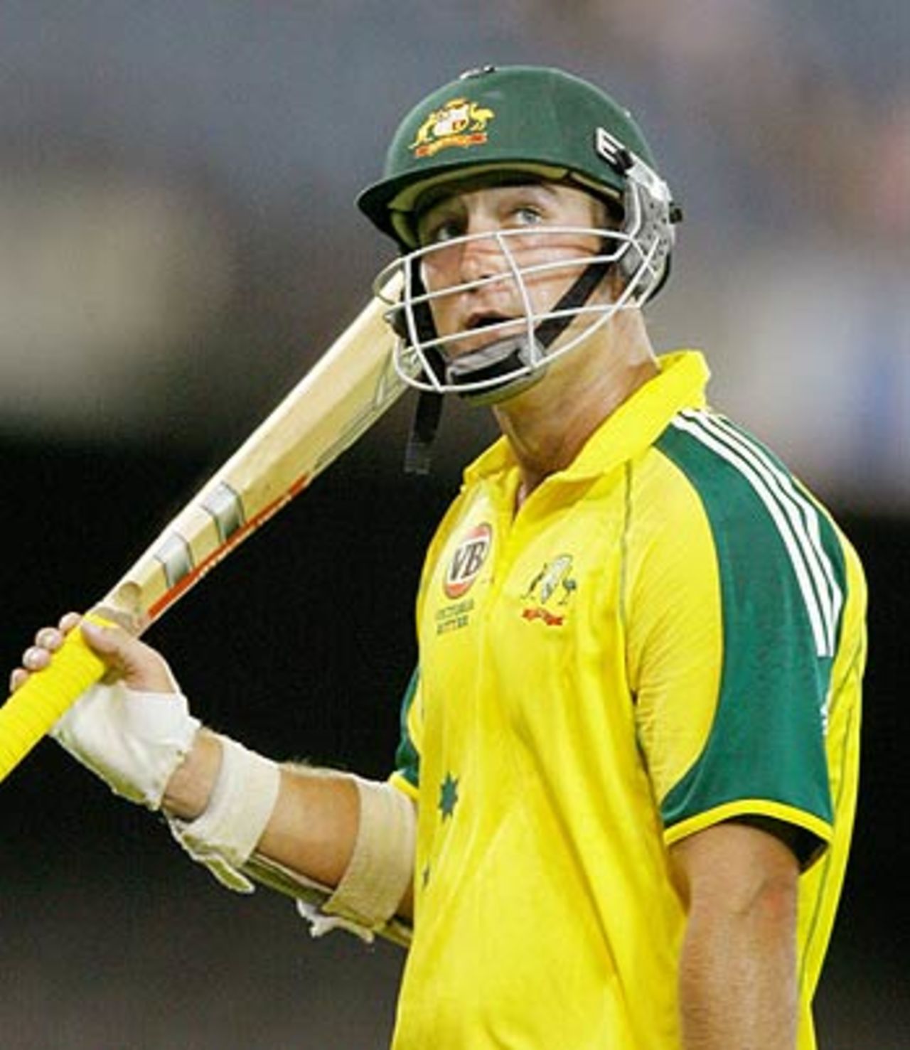 Phil Jaques acknowledges the crowd after narrowly missing his century on debut , Australia v South Africa, VB Series, Telstra Dome, Melbourne, January 20, 2006
