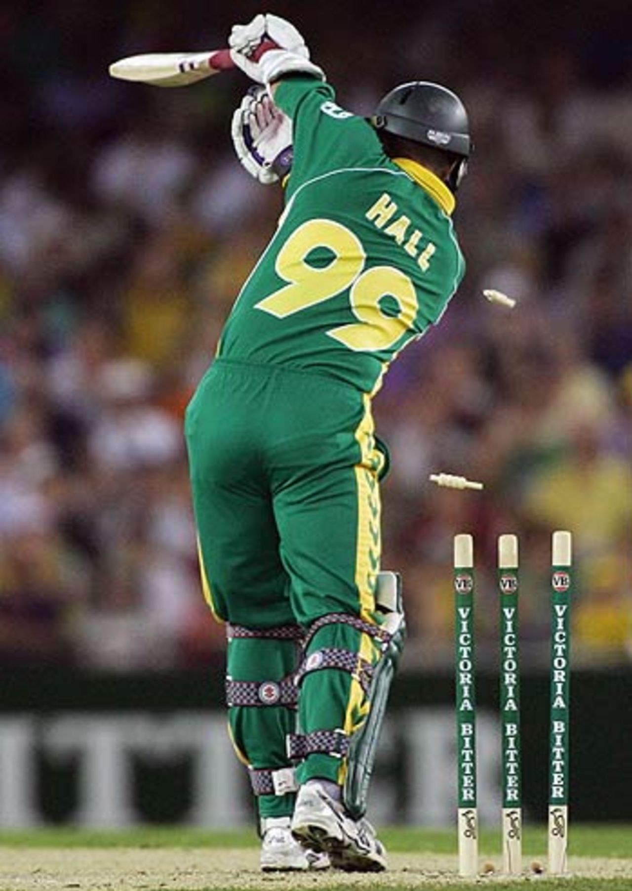 Andrew Hall is bowled by Brett Lee for 1, Australia v South Africa, VB Series, Telstra Dome, Melbourne, January 20, 2006