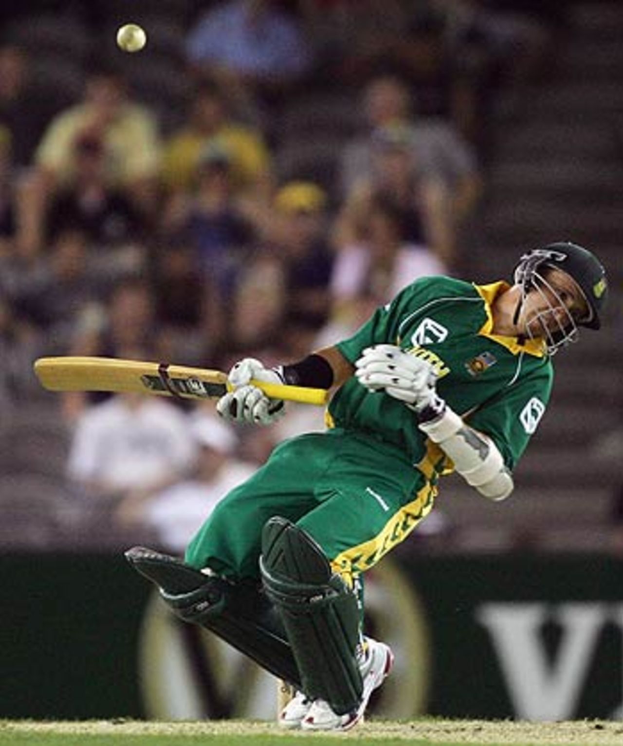Boeta Dippenaar takes evasive action after facing a bouncer from Brett Lee, Australia v South Africa, VB Series, Telstra Dome, Melbourne, January 20, 2006                             