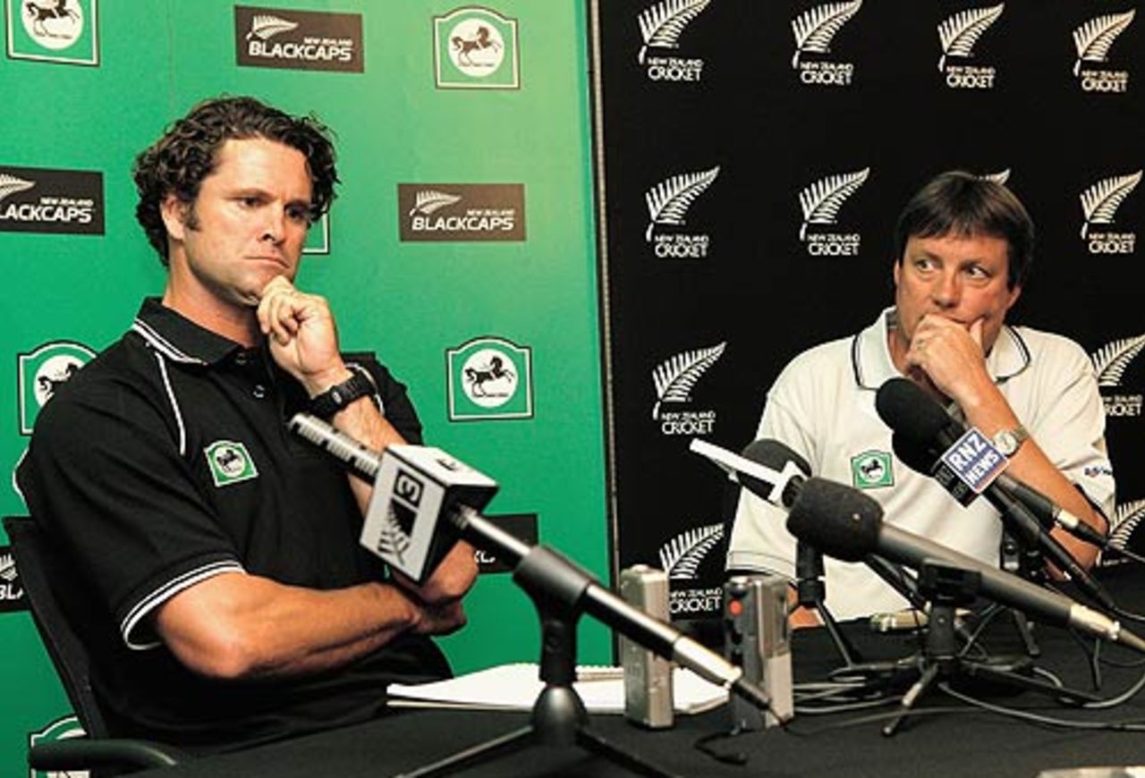 Chris Cairns and Martin Snedden field questions from the press at a news conference in Christchurch, January 23, 2006