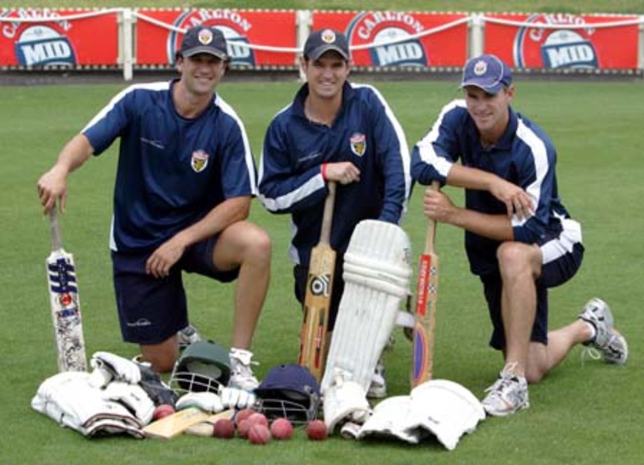 Victorian cricketers Jon Moss, Adam Crosthwaite and Graeme Rummans at the launch of the equipment drive