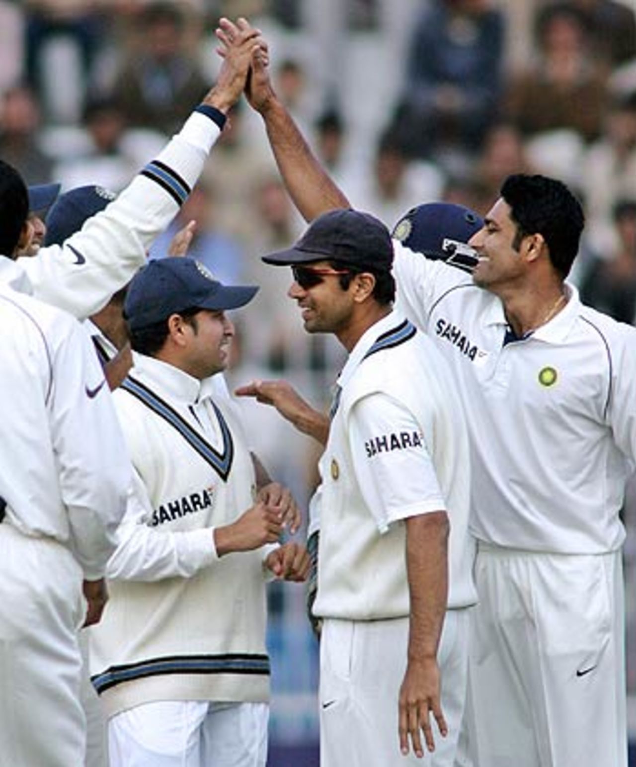 The Indian players celebrate the wicket of Salman Butt, Pakistan v India, 2nd Test, 4th day, Faisalabad, January 24 2006