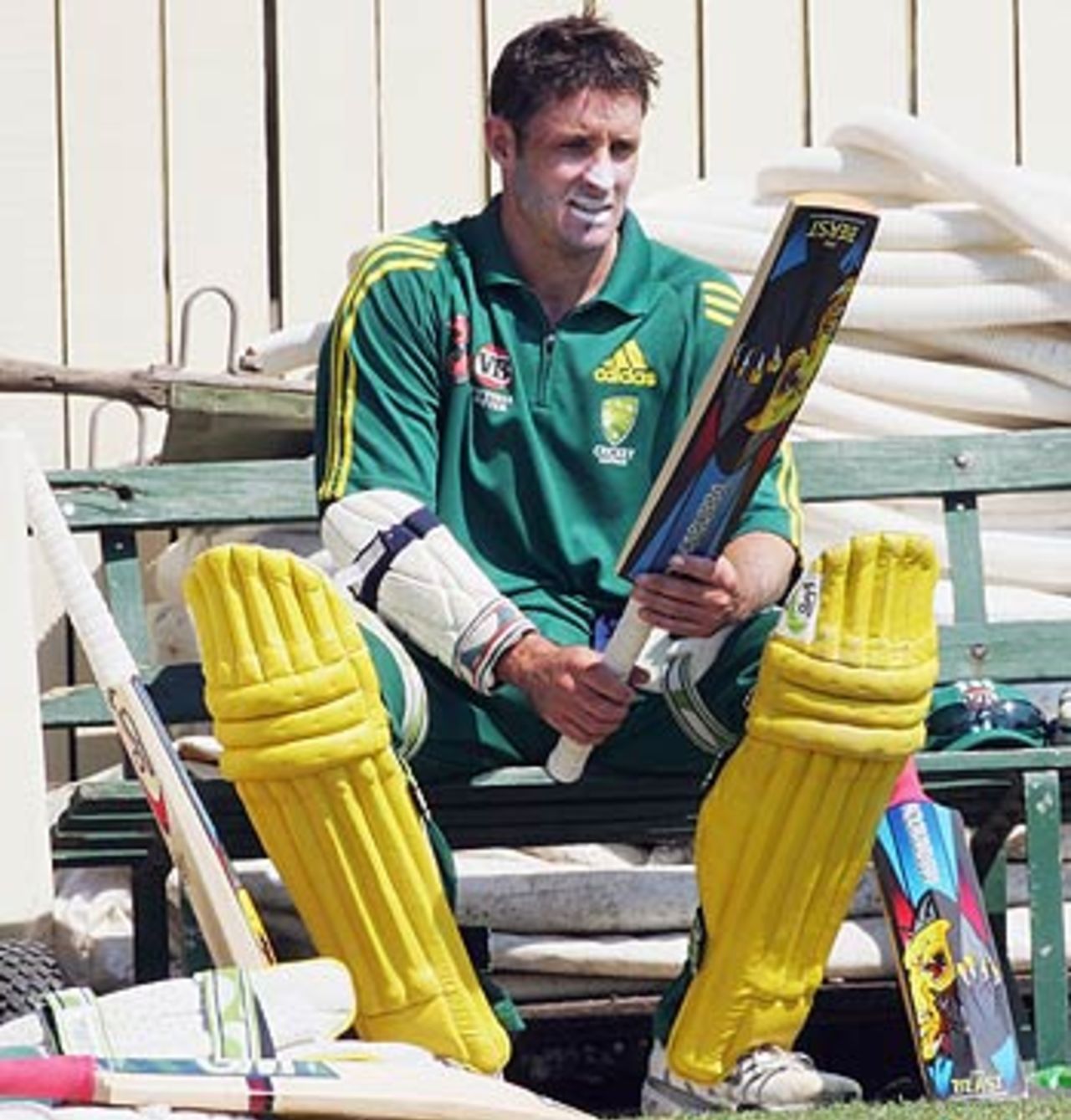 Michael Hussey inspects his weapon of choice, Adelaide, January 25, 2006