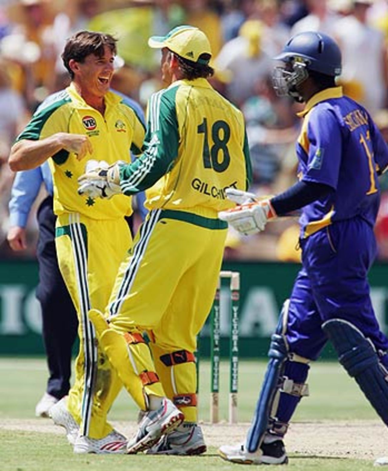 Brad Hogg and Adam Gilchrist celebrate Kumar Sangakkara's wicket, Australia v Sri Lanka, 7th match, VB Series, Adelaide, January 26, 2006