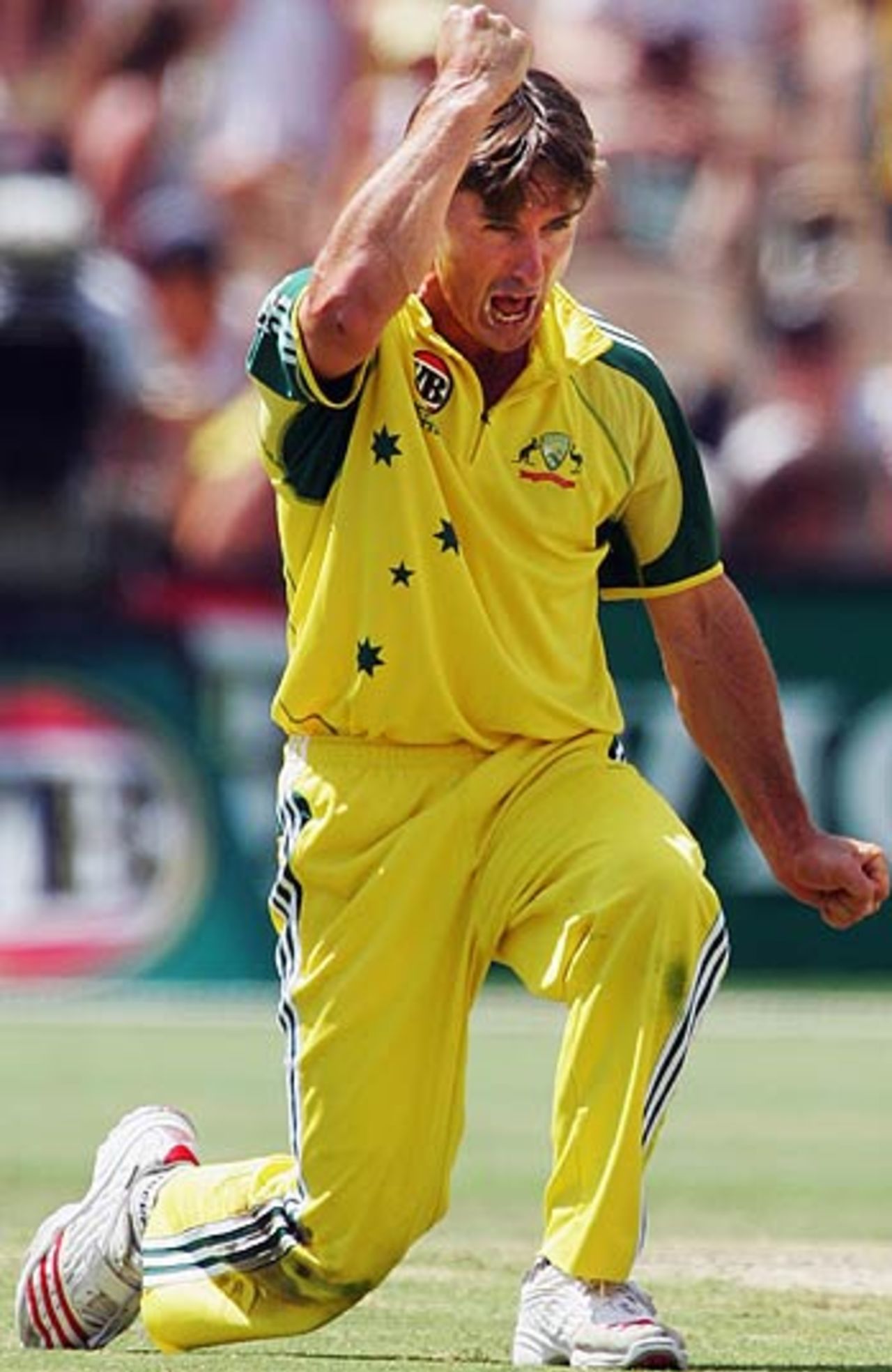 Yeah, baby! Brad Hogg celebrates bowling Kumar Sangakarra, Australia v Sri Lanka, 7th match, VB Series, Adelaide, January 26, 2006