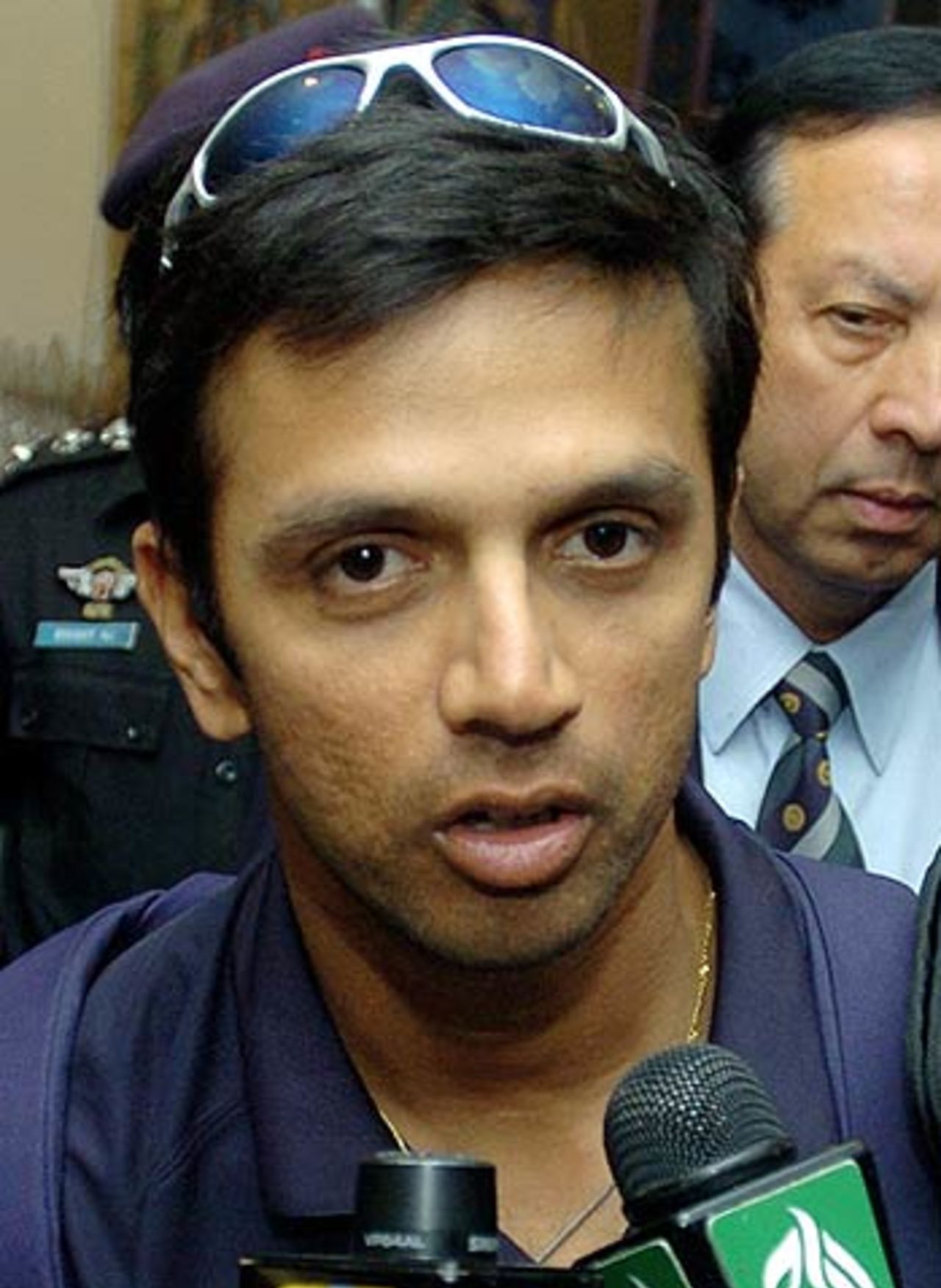 Rahul Dravid addresses the media after arriving in Karachi, January 26, 2006