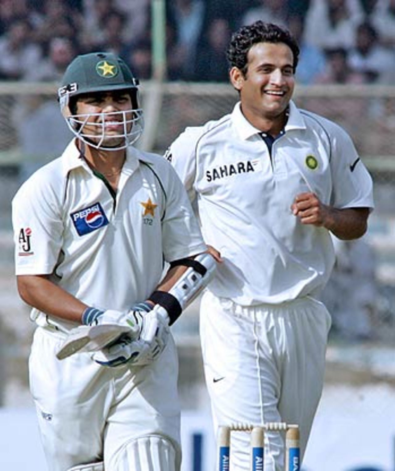 Irfan Pathan is all smiles after dismissing Kamran Akmal, Pakistan v India, 3rd Test, 1st day, Karachi, January 29 2006