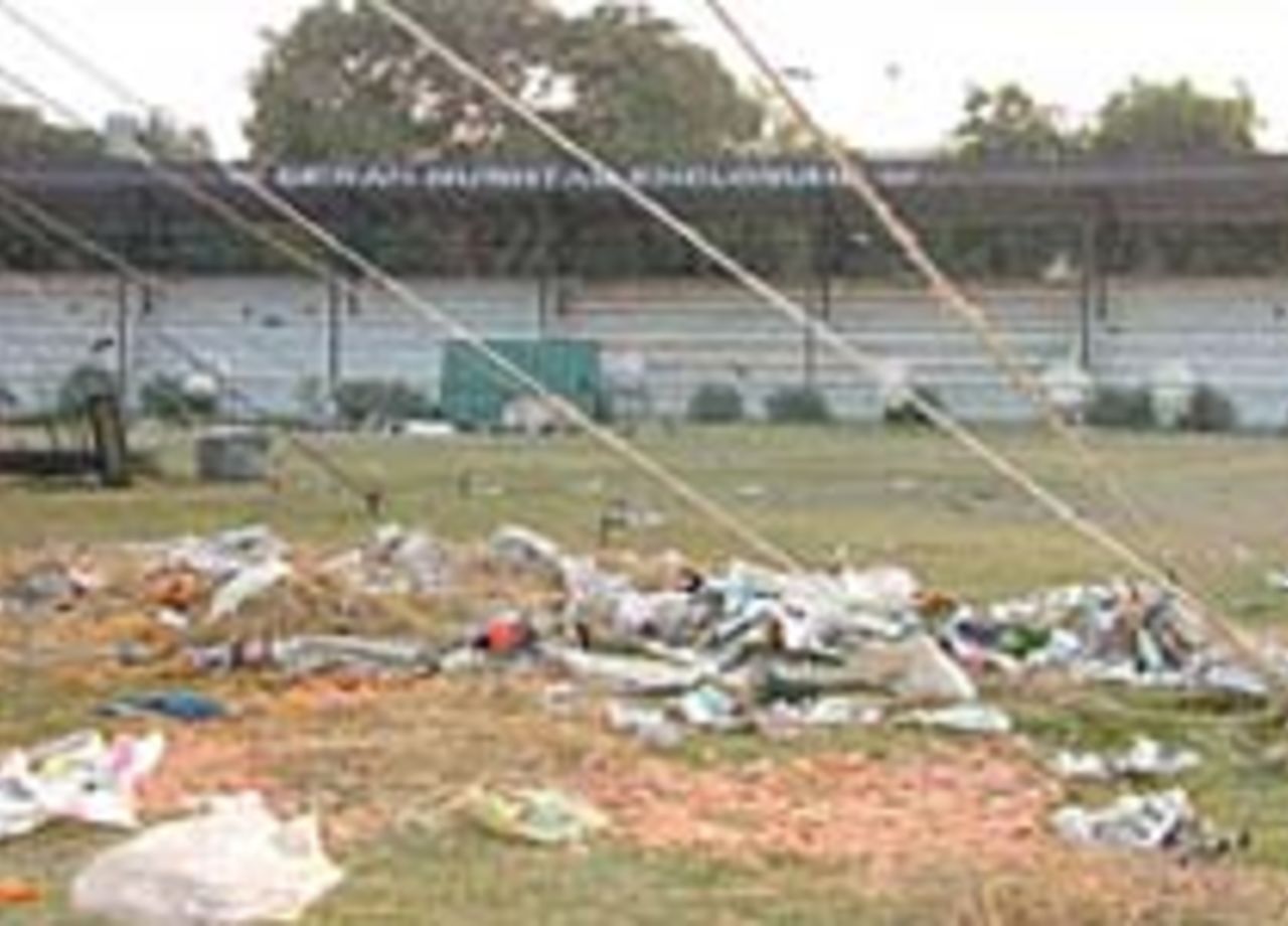Rubbish strewn on the outfield of the Niaz Stadium, December 2005