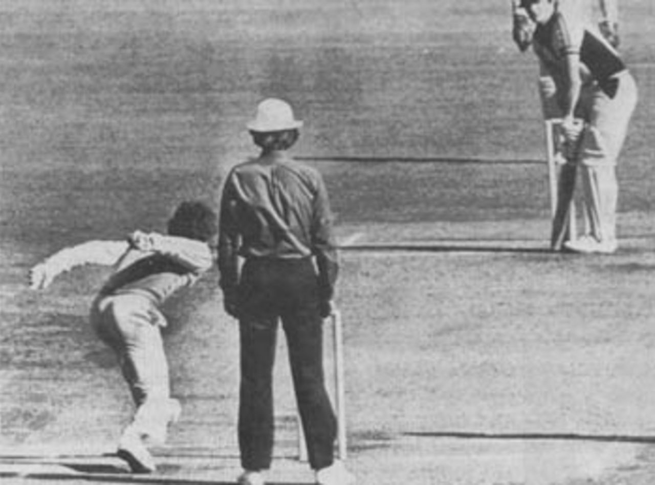 Trevor Chappell prepares to roll the final ball of the match on the floor to prevent Brian McKechnie from hitting a six to tie the game, Australian v New Zealand, B&H World Series, Melbourne, February 1, 1981
