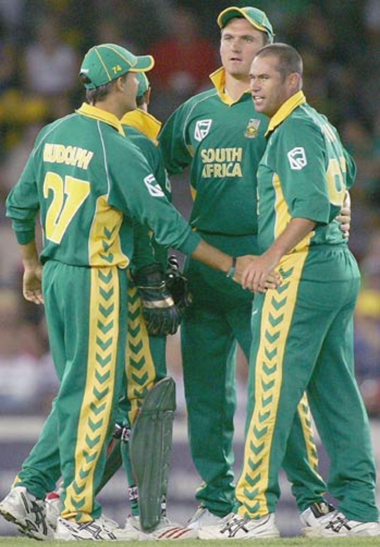 The South Africans celebrate the wicket of Adam Gilchrist, Australia v South Africa, VB Series, Melbourne, February 3, 2006