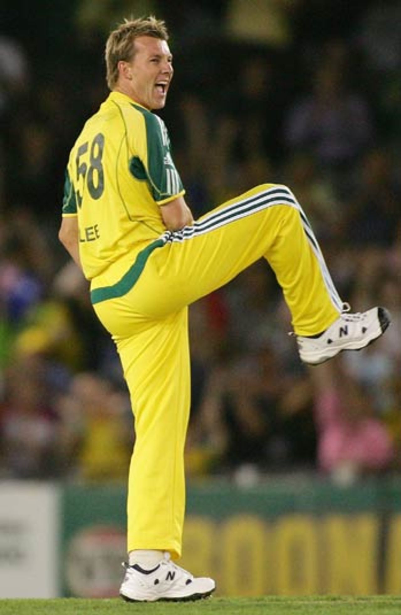 Brett Lee shows his delight after nailing Graeme Smith for a duck, Australia v South Africa, VB Series, Melbourne, February 3, 2006
