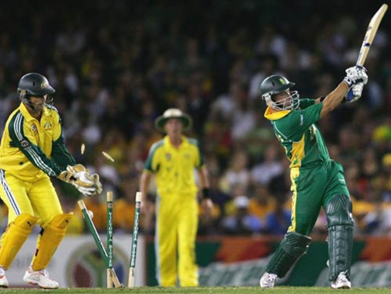 Herschelle Gibbs goes for a big slog and loses his stumps, Australia v South Africa, VB Series, Melbourne, February 3, 2006