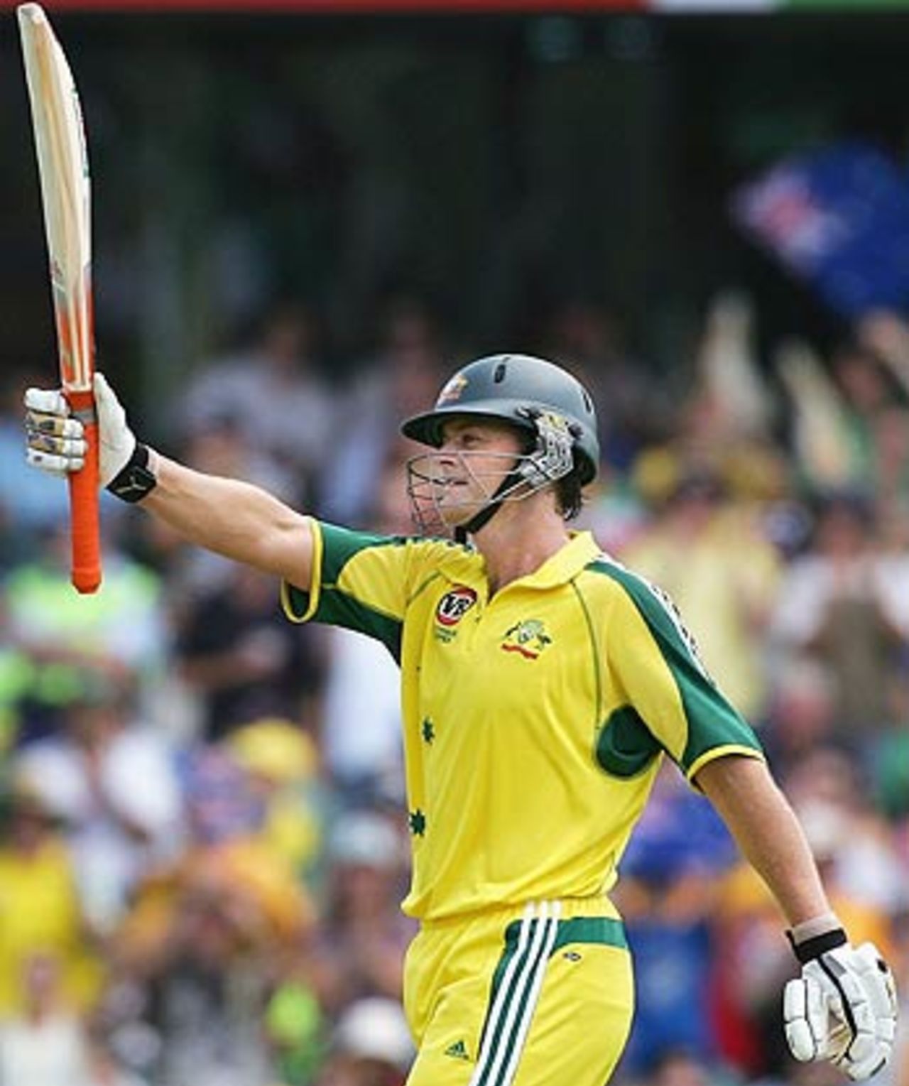 Adam Gilchrist raises his bat after passing fifty, Australia v South Africa, VB Series, Sydney, February 5, 2006