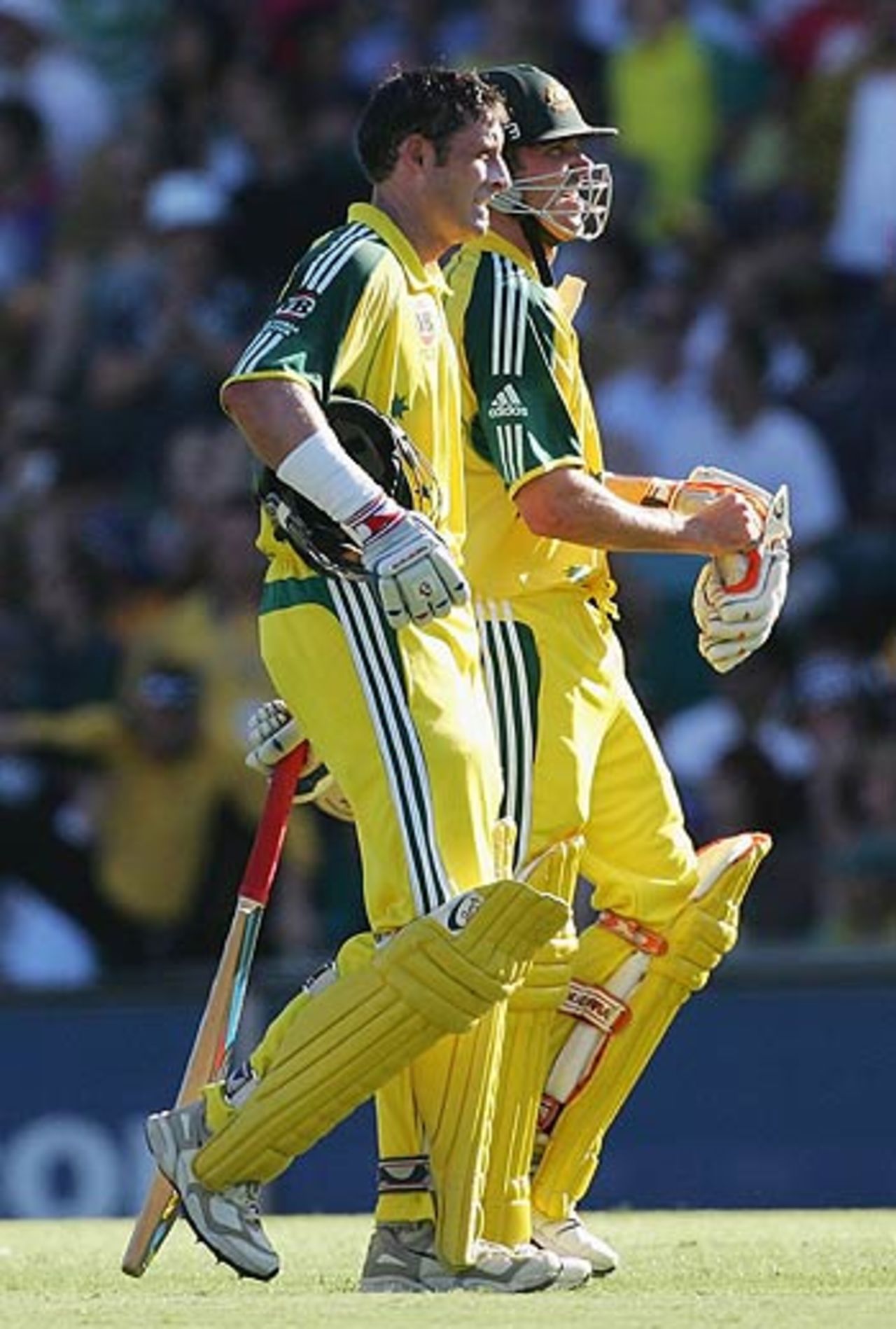 Michael Hussey and Damien Martyn leave after a job well done, Australia v South Africa, VB Series, Sydney, February 5, 2006