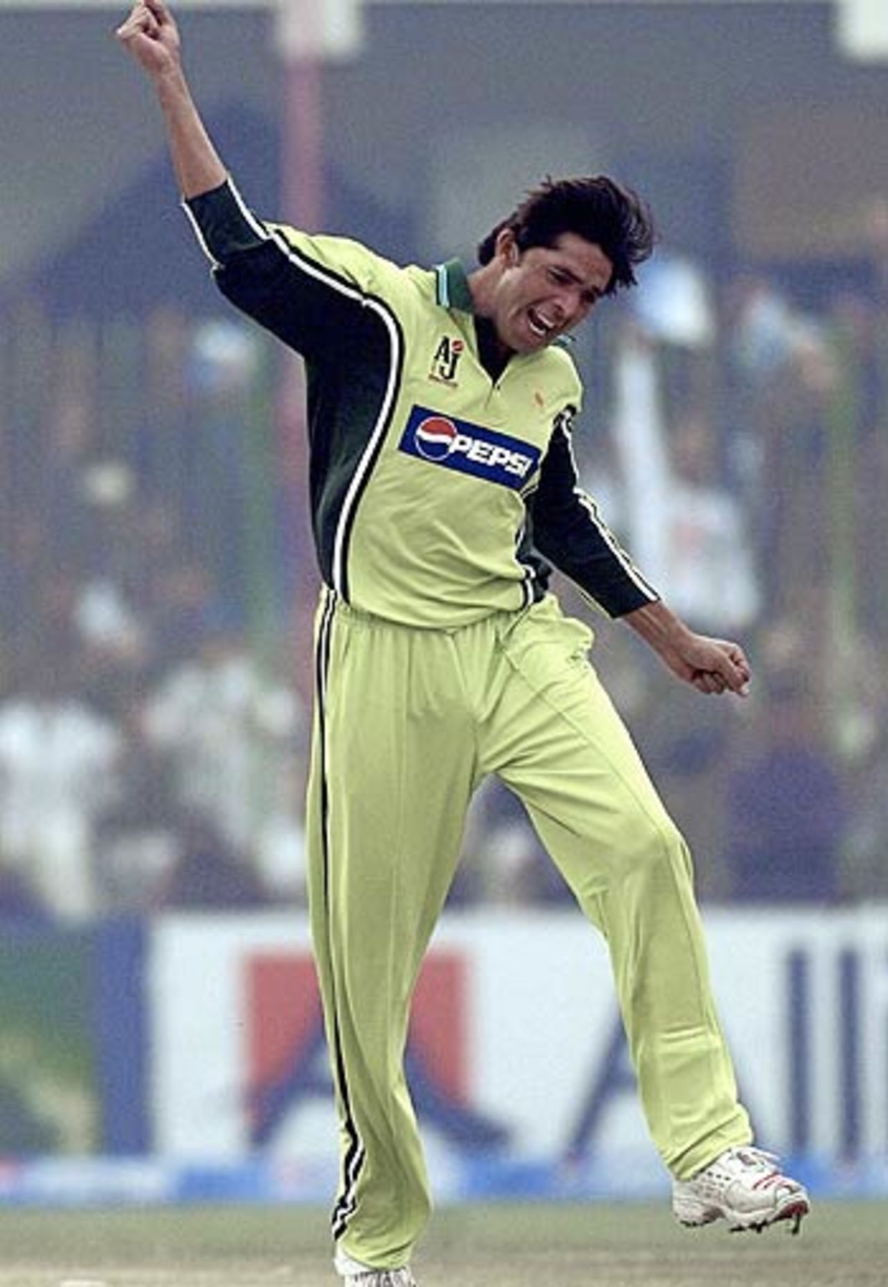 Mohammad Asif celebrates Virender Sehwag's wicket, Pakistan v India, 1st ODI, Peshawar, February 6, 2006