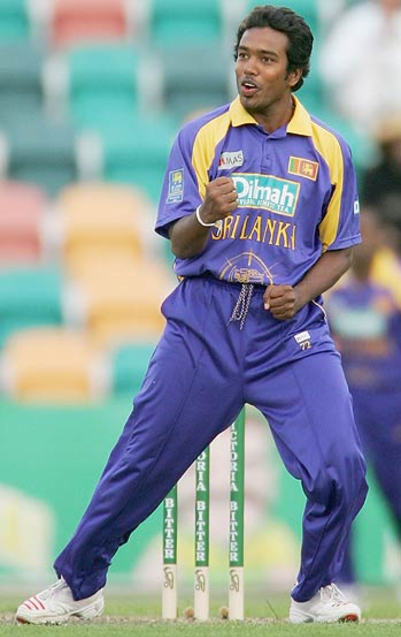 Malinga Bandara celebrates the wicket of Justin Kemp first ball, South Africa v Sri Lanka, VB Series, Hobart, February 7, 2006