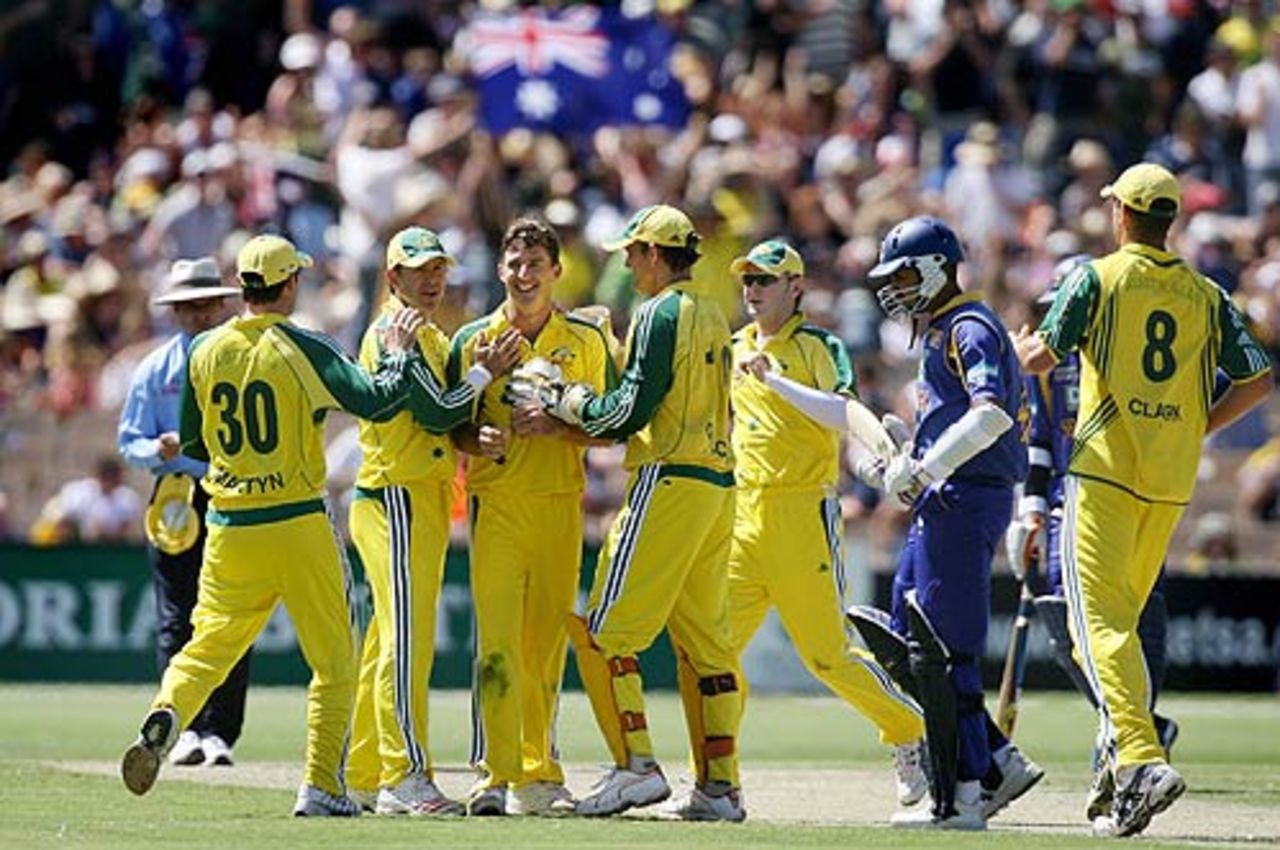 Brad Hogg is the man of the moment after bowling Marvan Atapattu, Australia v Sri Lanka, VB Series, 1st Final, Adelaide, February 10, 2006
