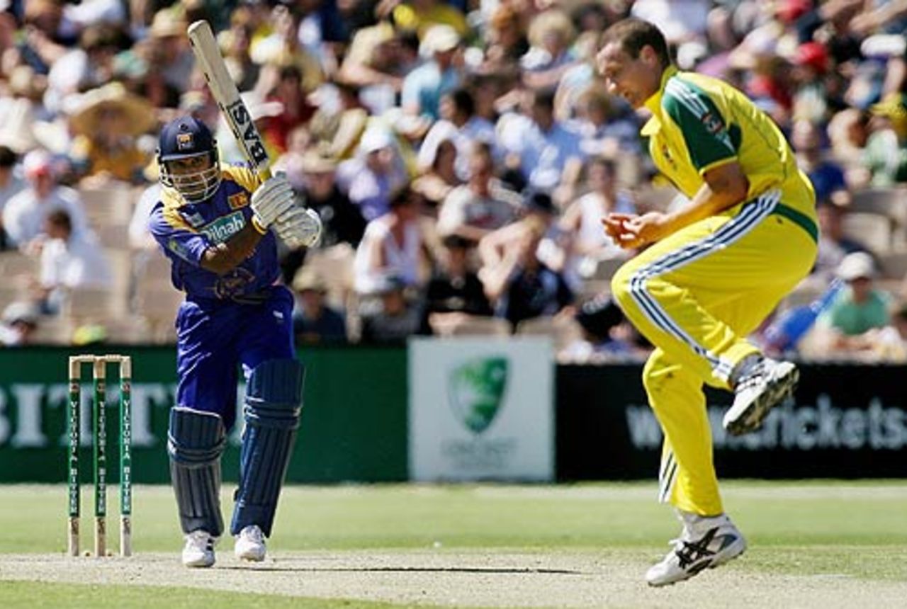 Mahela Jayawardene drives right back to Stuart Clark, Australia v Sri Lanka, VB Series, 1st Final, Adelaide, February 10, 2006