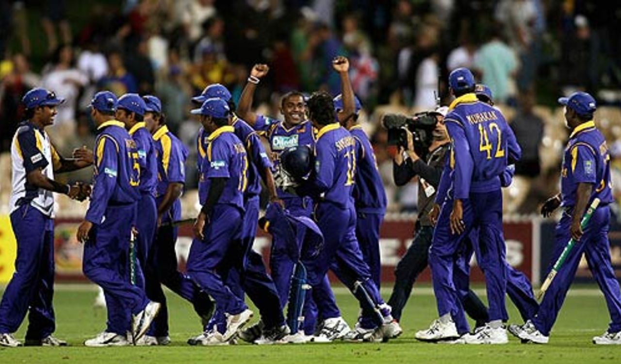 The Sri Lankans celebrate a fabulous victory in the first final, Australia v Sri Lanka, VB Series, 1st Final, Adelaide, February 10, 2006