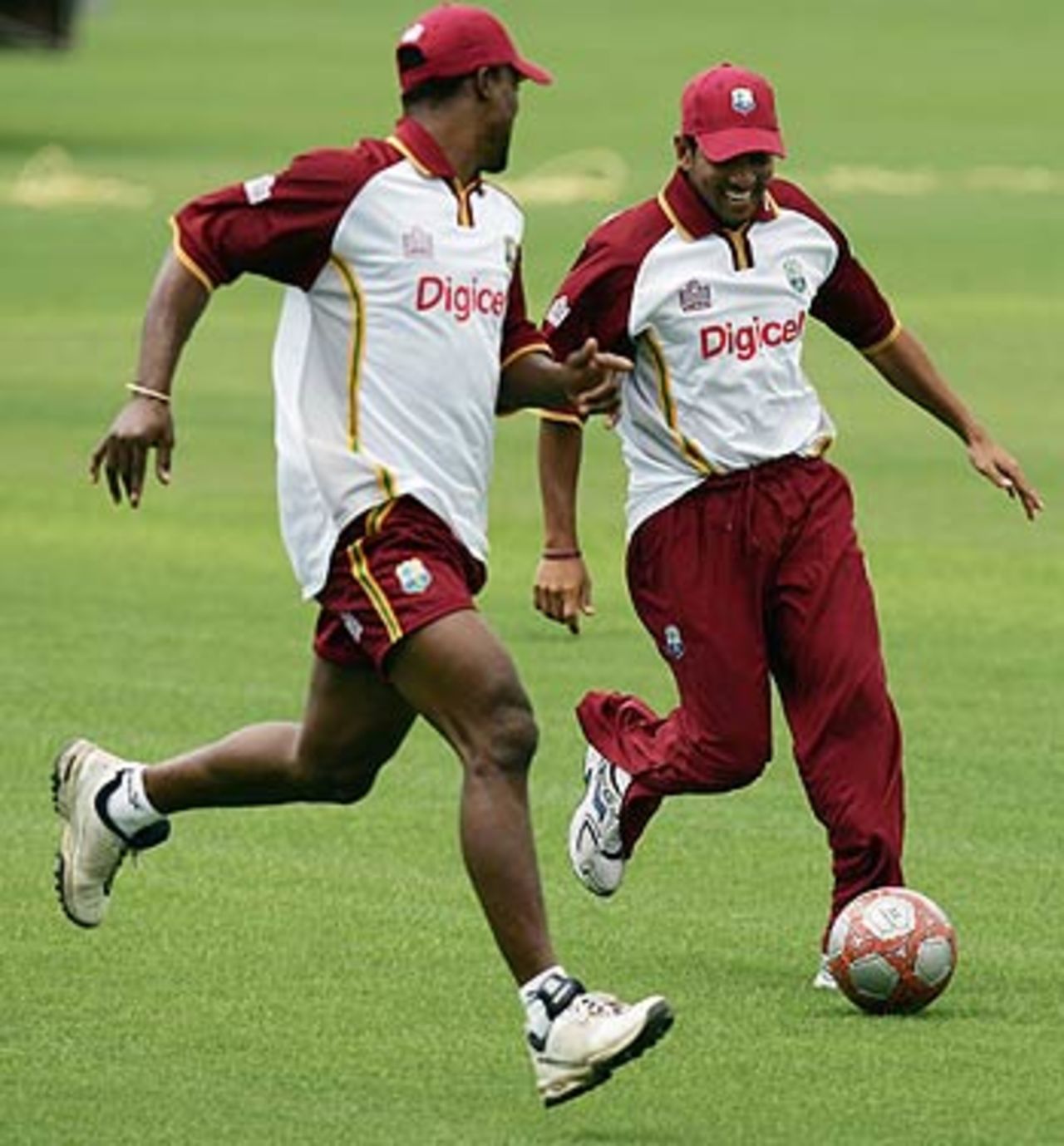 Runako Morton and Ramnaresh Sarwan play soccer during a practice session, Eden Park, Auckland, February 11 2006