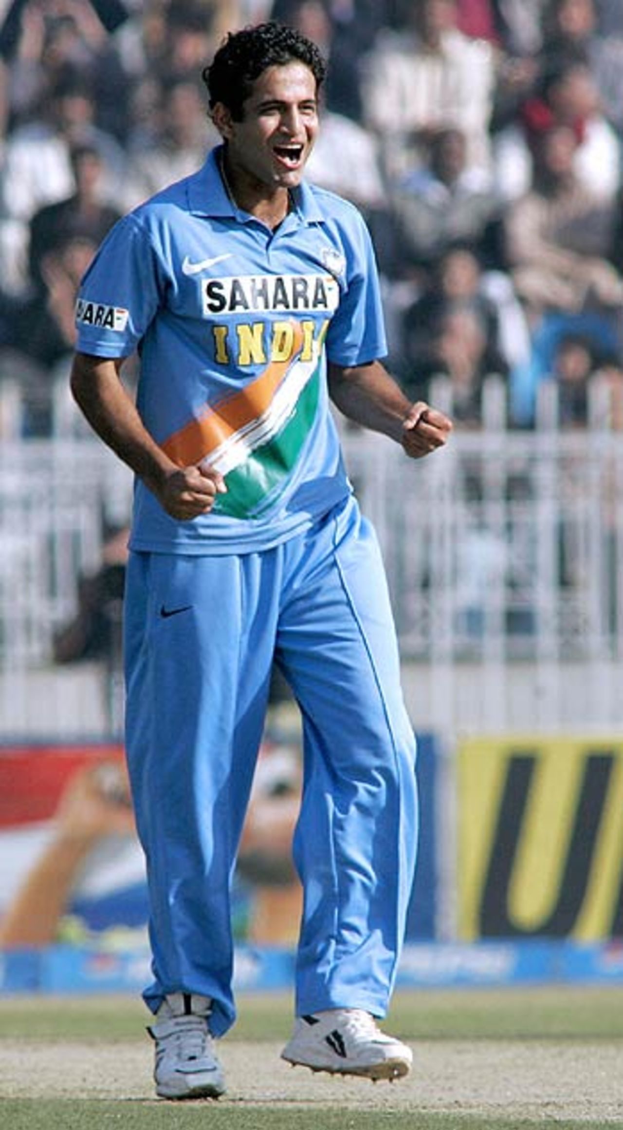 Irfan Pathan is delighted after taking the wicket of Kamran Akmal, Pakistan v India, 2nd ODI, Rawalpindi, February 11 2006