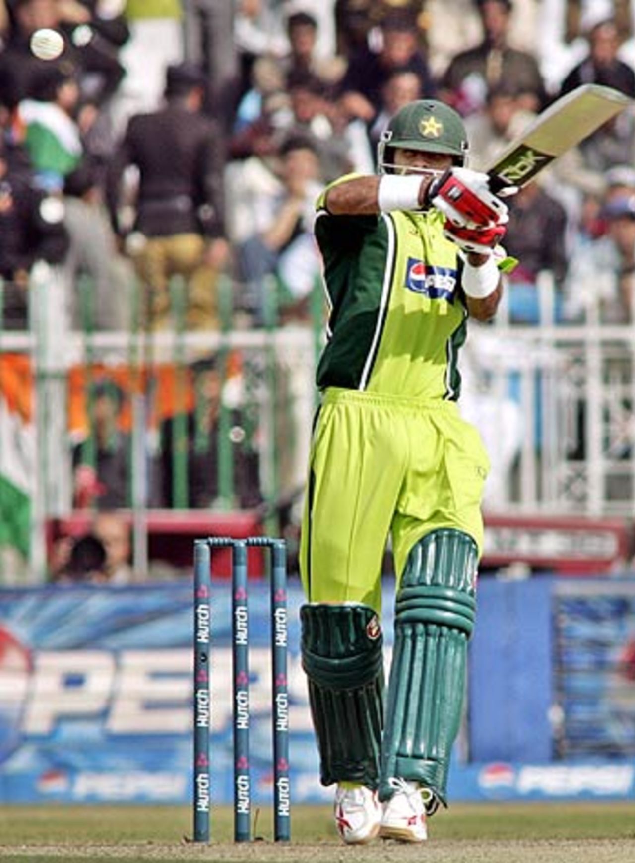 Shoaib Malik plays a rising delivery during his innings of 95, Pakistan v India, 2nd ODI, Rawalpindi, February 11 2006