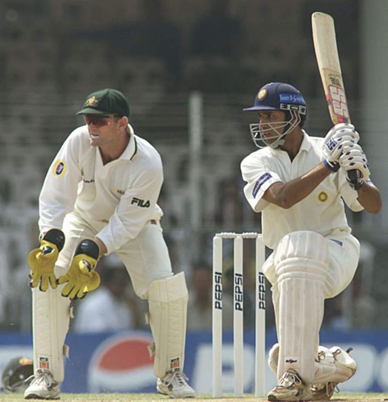 Indian batsman VVS Laxman smashes to the boundary, India A v Australia, tour match, Nagpur, February 2001
