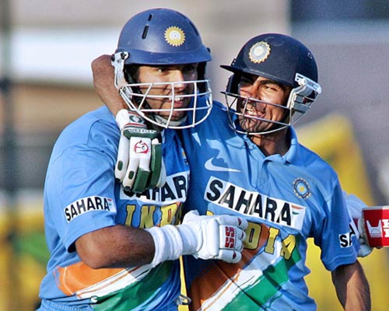 Yuvraj Singh and Mohammad Kaif celebrate India's seven-wicket victory, Pakistan v India, 2nd ODI, Rawalpindi, February 11 2006
