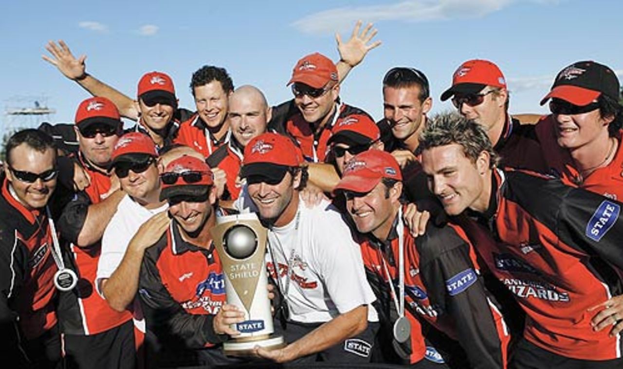 The victorious Canterbury team pose with the State Shield trophy at Christchurch, Canterbury v Central Districts, State Shield final, February 12 2006