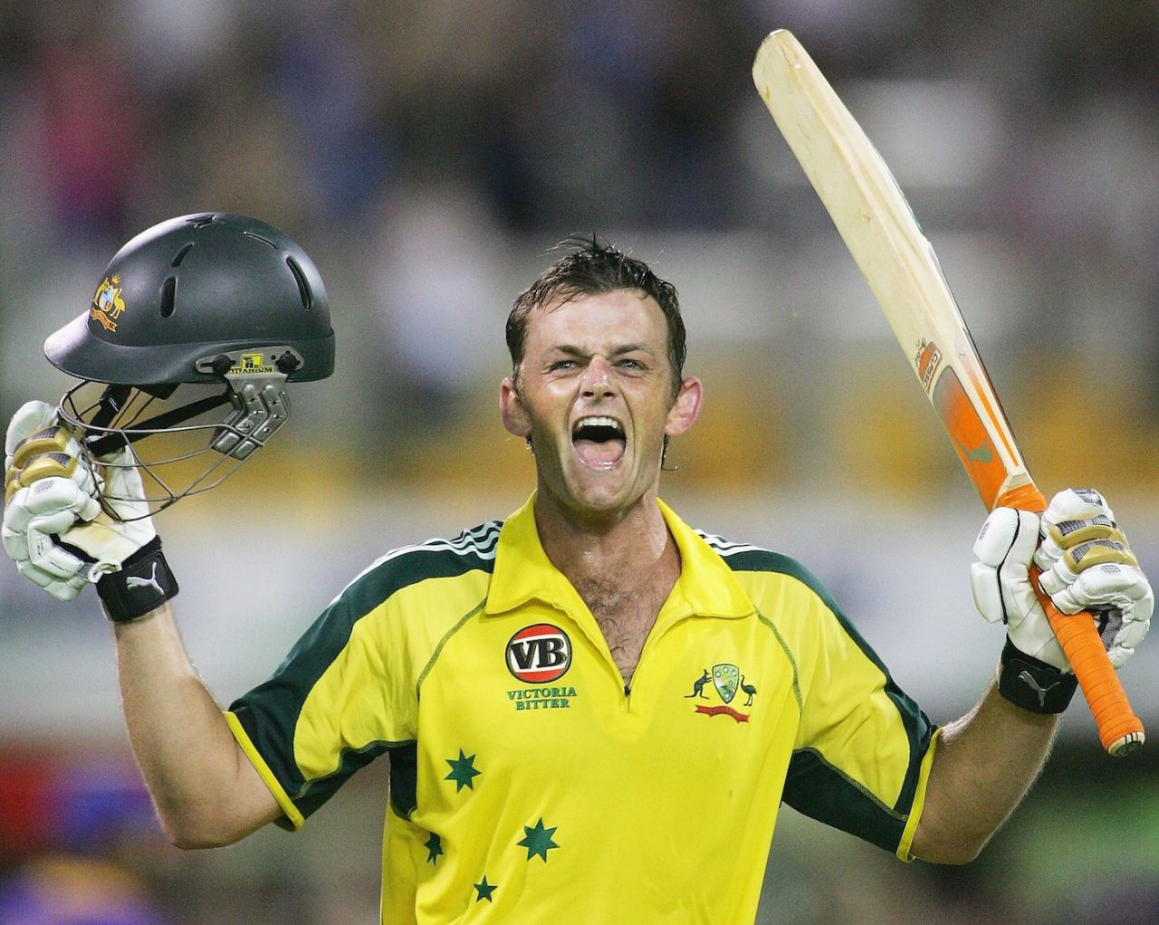 Adam Gilchrist reacts after getting his century, Australia v Sri Lanka, VB Series, 3rd Final, Brisbane, February 14, 2006