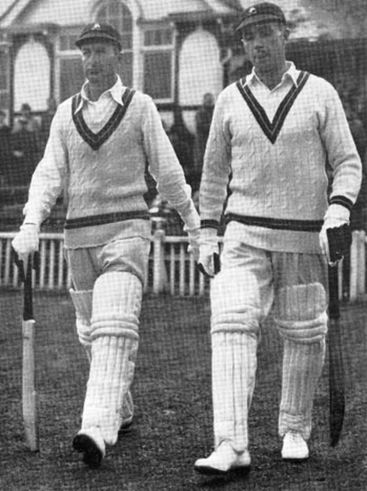Bruce Mitchell (left) and Dennis Dyer open the 1947 tour for the South Africans at Worcester, May 1947