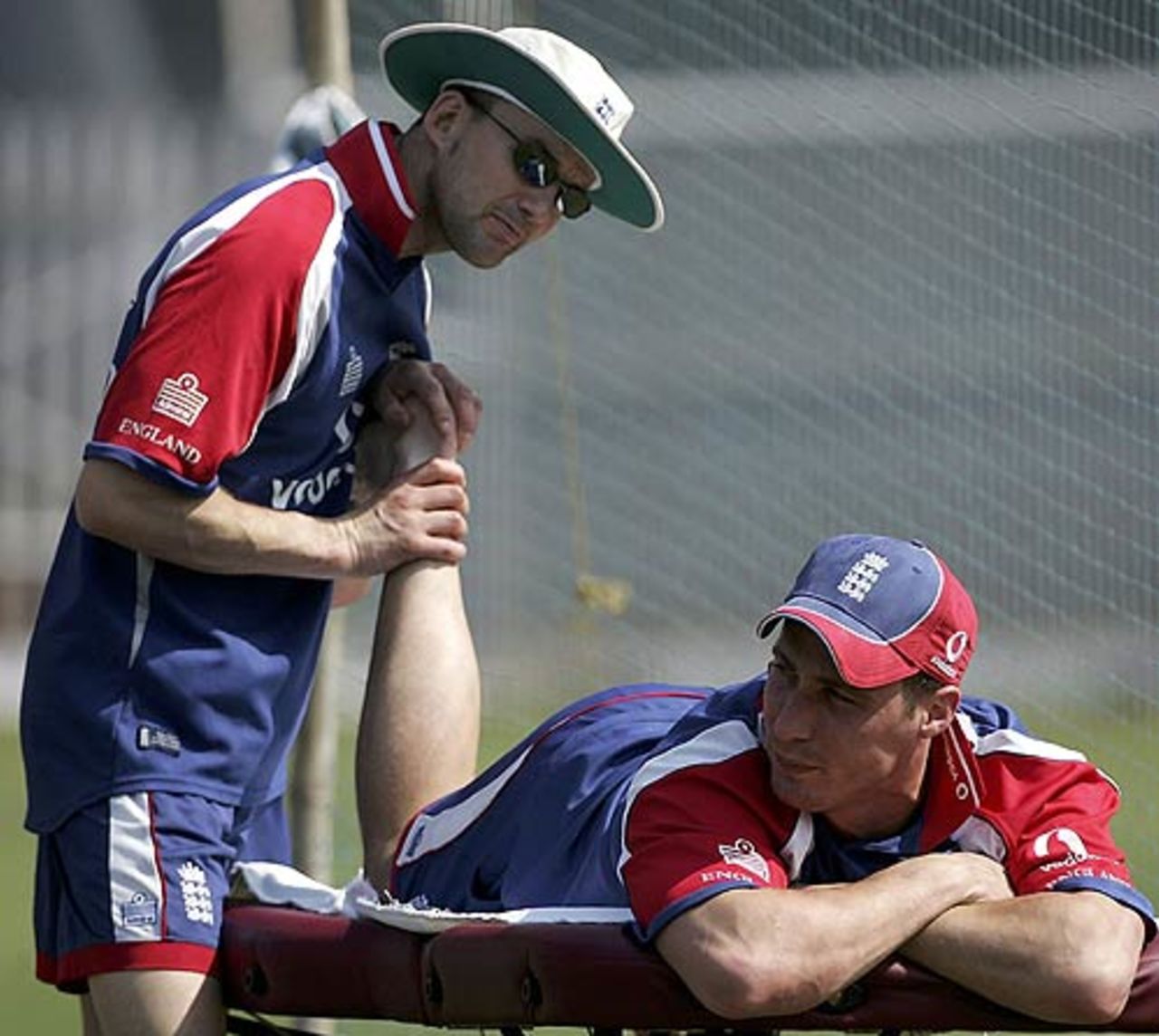 Simon Jones gets treatment from Mark Saxby, the physio, Mumbai, February 16, 2006