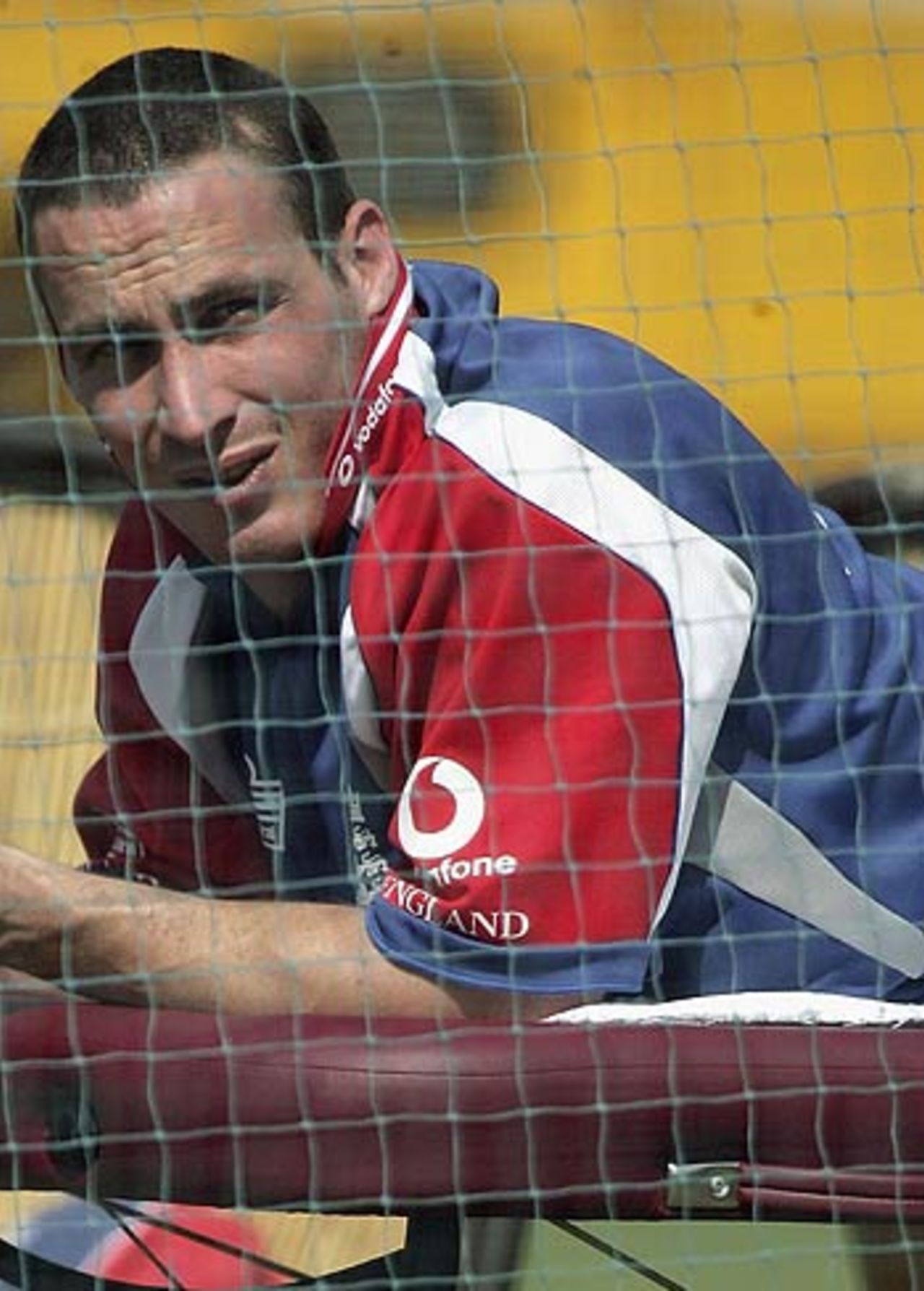 Simon Jones takes a breather during practice, Mumbai, February 16, 2006