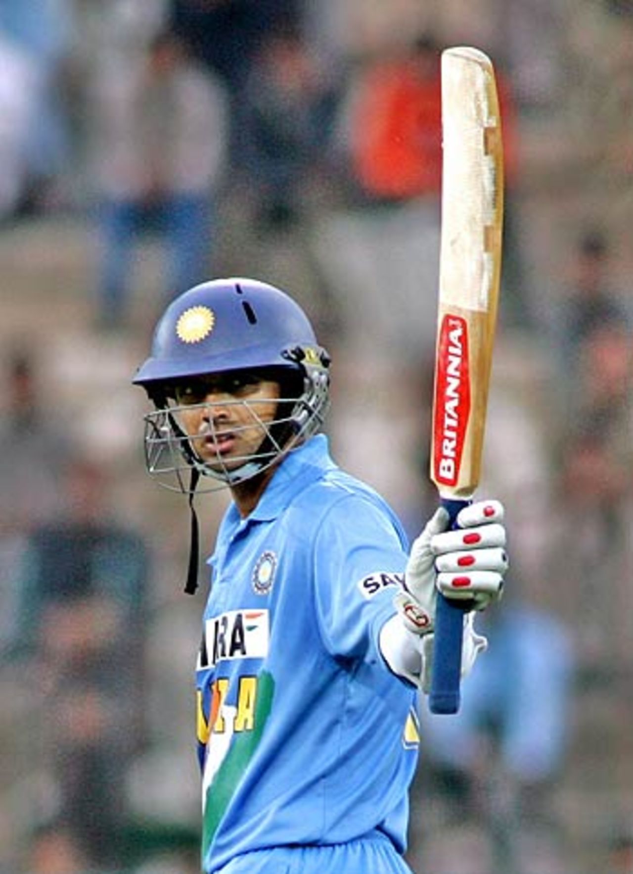 Rahul Dravid raises his bat after scoring his 67th half-century, Pakistan v India, 4th ODI, Multan, February 16 2006