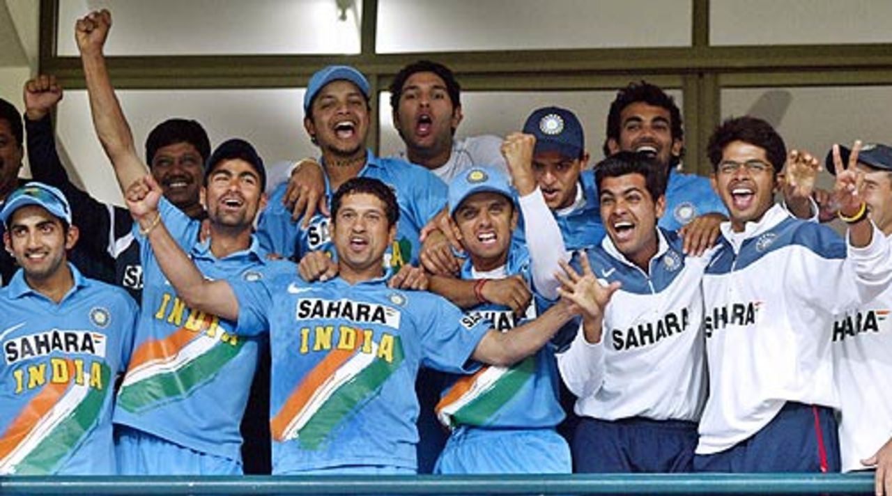 Indian players celebrate their series win over Pakistan, Pakistan v India, 4th ODI, Multan, February 16 2006