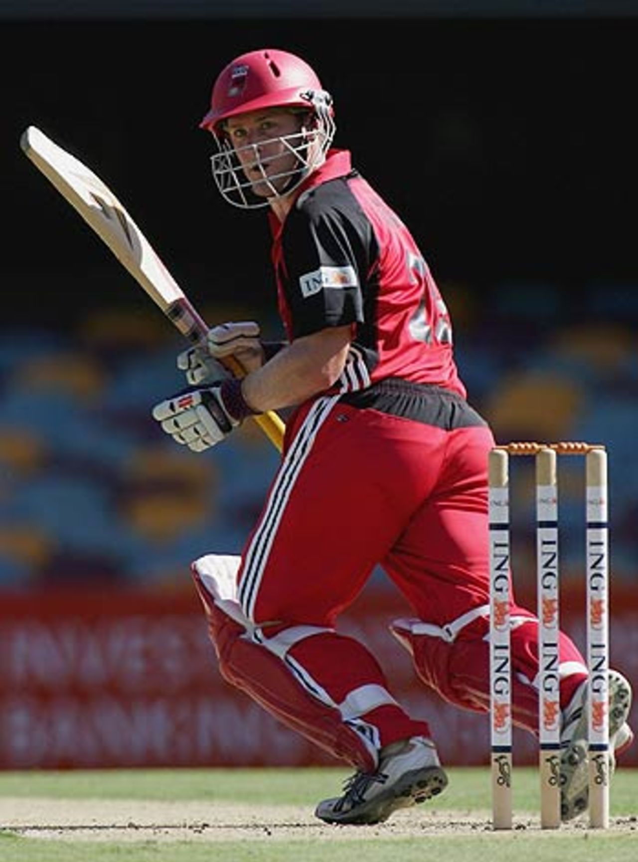 Daniel Harris plays the ball down the leg side during his innings of 77, Queensland v South Australia, ING Cup, Woolloongabba, Brisbane, February 17 2006