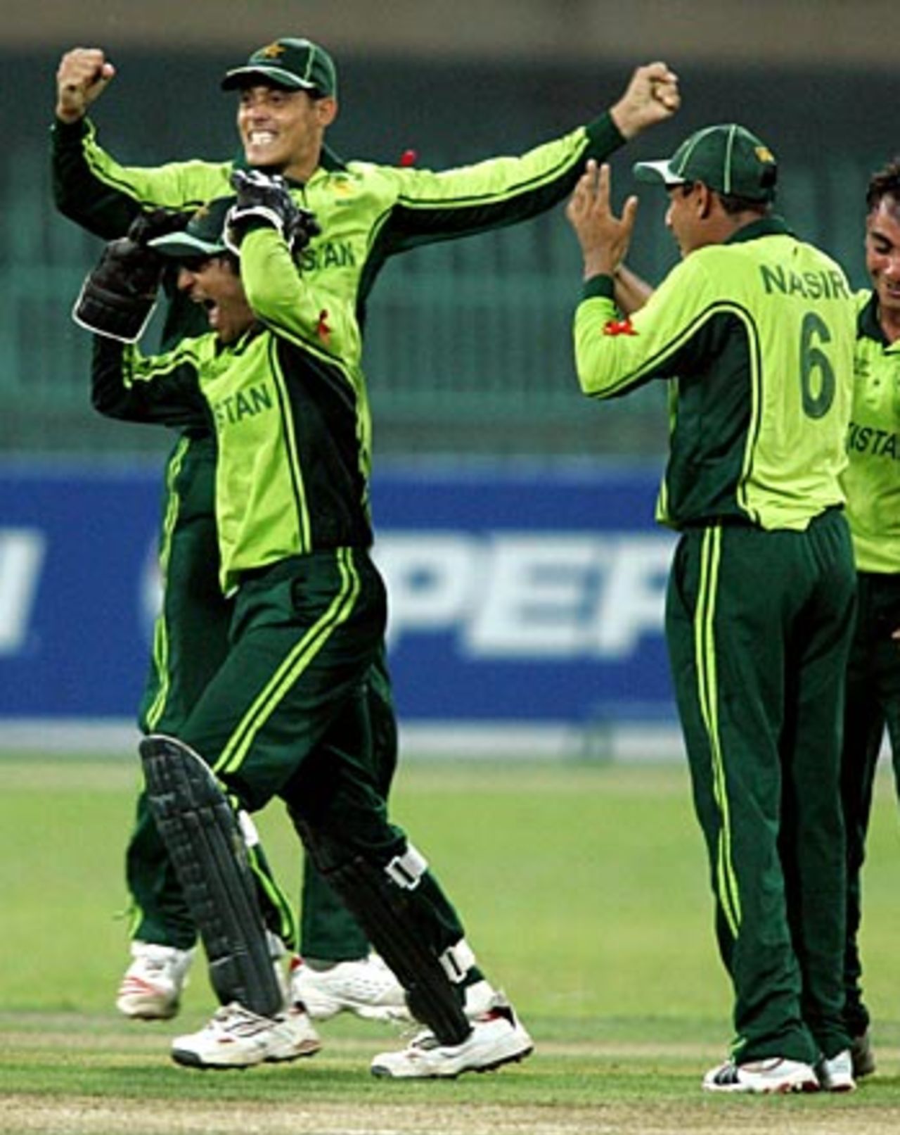Pakistan celebrate as they close in on victory, Australia v Pakistan, Under-19 World Cup semi-final., Colombo, February 17, 2006