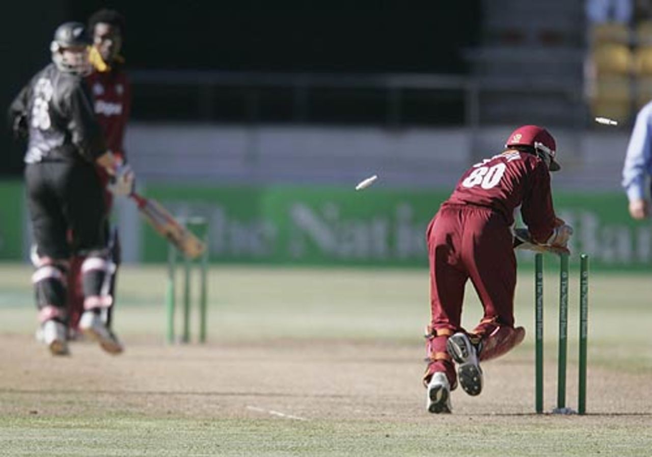 Denesh Ramdin whips the bails effecting the run-out of Hamish Marshall, New Zealand v West Indies, 1st ODI, Wellington, February 18 2006