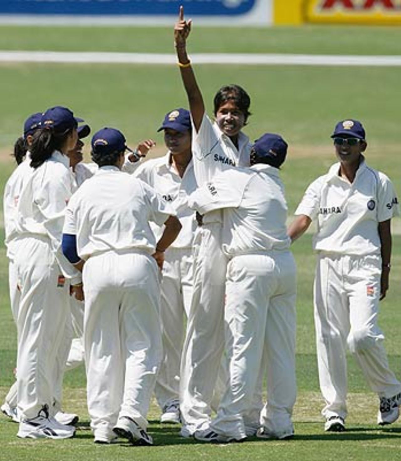 Jhulan Goswami is congratulated by her team-mates after taking a wicket ,Australia Women v India Women, Only Test, Adelaide Oval, February 18 2006