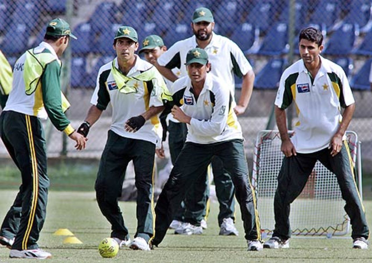 Pakistan players play soccer during a practice session at the National Stadium, Karachi, February 18 2006
