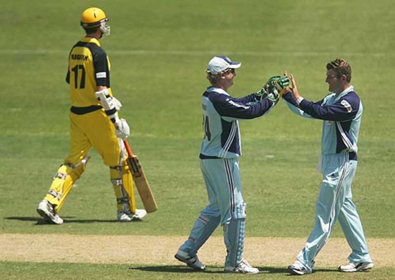 Brad Haddin celebrates with Stuart MacGill after stumping Steve Magoffin, New South Wales v Western Australia, ING Cup, Sydney, February 19, 2006