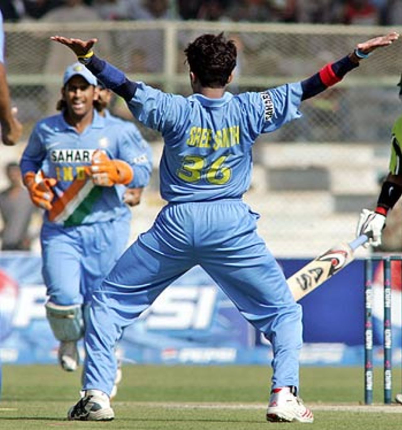 Sreesanth celebrates the wicket of Imran Farhat, Pakistan v India, 5th ODI, Karachi, February 19 2006