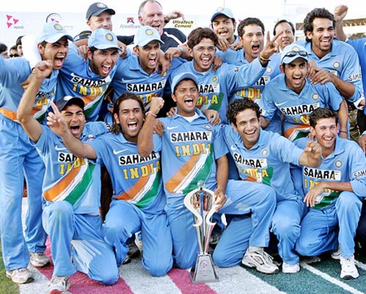 The victorious Indian team pose with the ODI series trophy, Pakistan v India, 5th ODI, Karachi, February 19 2006