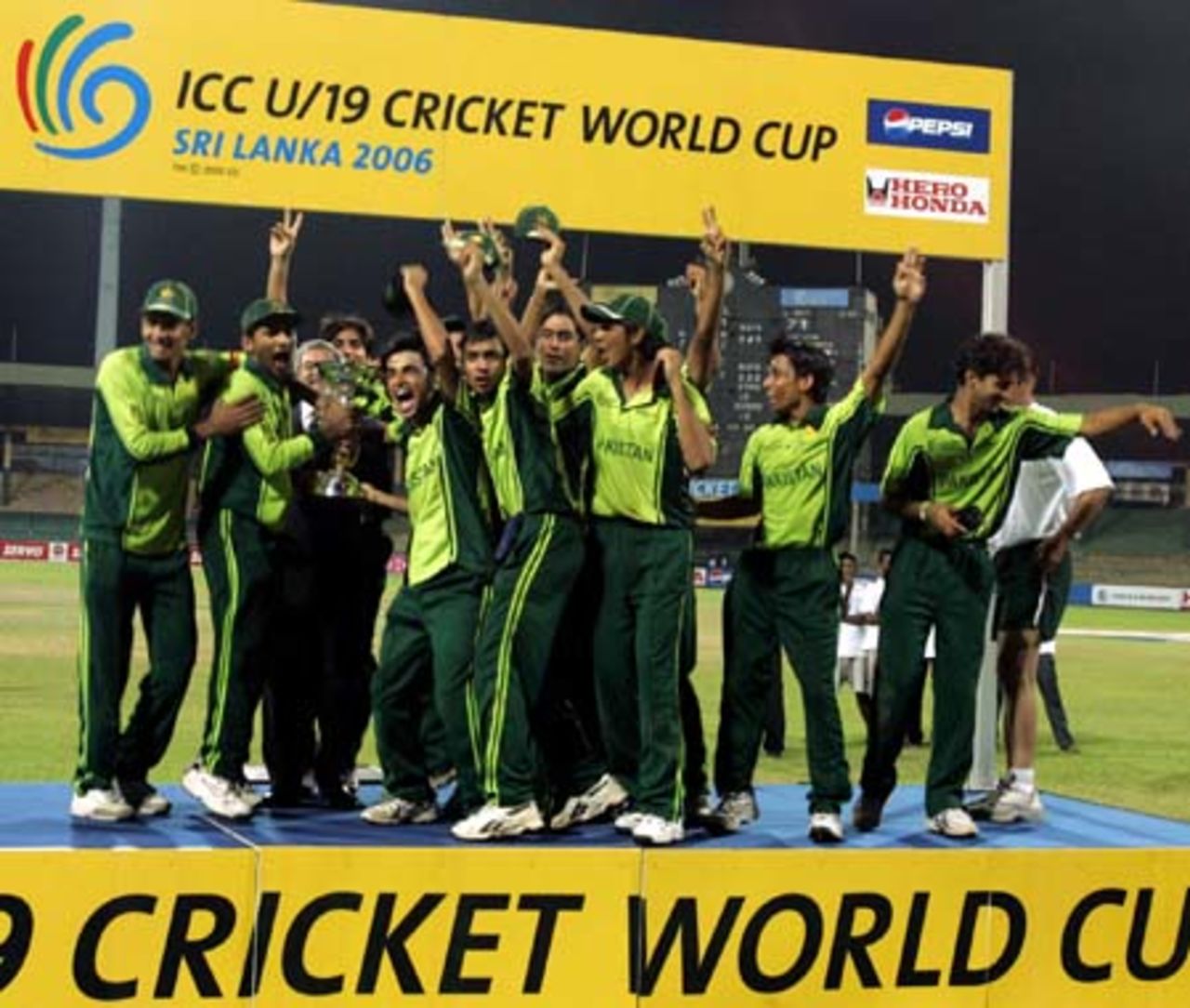 Pakistans players celebrate as they receive the U-19 World Cup